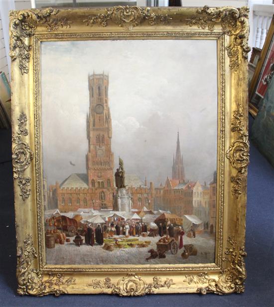 Henry Schafer (19th C.) The Market Square, Bruges 36 x 28in.